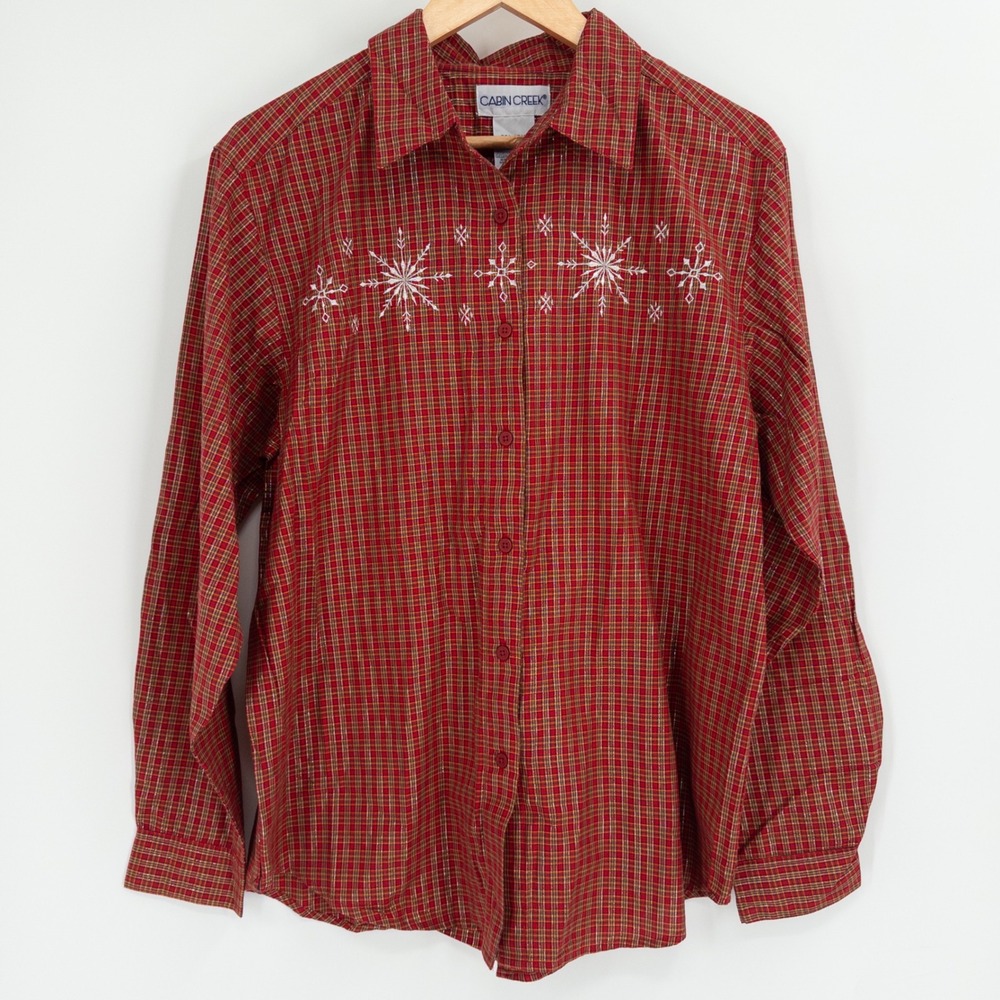 Vintage Christmas Button Shirt Womens L Red Plaid Snowflake Granny Indie Cotton